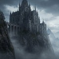 Gothic-style stone castle perched on a rugged cliff, surrounded by mist Royalty Free Stock Photo