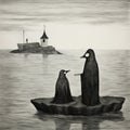 Gothic Surrealism Birds On A Boat - A Painting By Edward Gorey