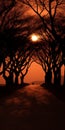 Gothic Surrealism: Silhouettes Of Trees In An Orange Sky