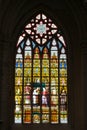 Gothic Tapestry of Light: Stained Glass of Saint Nicholas Church, Ghent Royalty Free Stock Photo