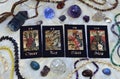 Gothic tarot cards with crystals and ritual magic objects Royalty Free Stock Photo