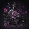 Gothic Valentine still life. AI generative, AI generated illustration. Magic potion vial with flowers