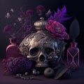 Gothic Valentine still life. AI generative, AI generated illustration. Metal skull with flowers on dark background. Pink, purple, Royalty Free Stock Photo