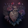 Gothic Valentine still life. AI generative, AI generated illustration. Anatomic heart with flowers on dark background. Pink,