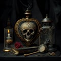 Gothic valentine still life. AI generative, AI generated illustration. bone skull inside heart shaped vial with candles and books