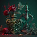 Gothic Valentine still life. AI generative, AI generated illustration. Ornate oriental mysterious jar, candle stick, red roses