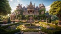 Gothic Victorian Mansion and its Manicured Garden. Fantasy Regal Victorian House. Generative AI