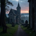 A gothic village with a misty cemetery at twilight