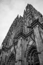 Gothic Vysehrad cathedral in Prague with beautiful stone statues in black and white