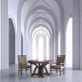 Gothic white interior church with wooden furniture 3D render Royalty Free Stock Photo