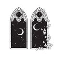 Gothic windows with poison ivy and night sky with crescent moon hand drawn line art gothic tattoo design isolated vector Royalty Free Stock Photo