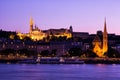 The gothical Matthias church, in the Buda district near the Fisherman`s Bastion at sunset with sightseeing ship Royalty Free Stock Photo