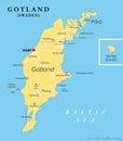 Gotland, political map of the largest island of Sweden with capital Visby