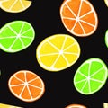 Gouache citrus seamless pattern. Hand painted fresh ripe summer lemon fruits on black background. Oranges, limes and lemons slices Royalty Free Stock Photo