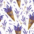 Seamless texture with lavender, decorative keys and wrapper. In lilac and beige colors.