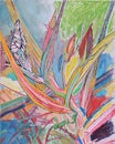 Gouache and colored pencils drawing of leaves and buds in the grass