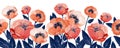 Gouache floral border with coral anemones and leaves. Hand-drawn clipart for art work and weddind design