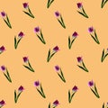 Gouache floral tulip backgraund. Seamless colorful spring pattern. Painted violet tulip plant on lush lava background. Purple