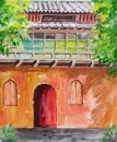 Gouache illustration of a bright red Asian house Royalty Free Stock Photo