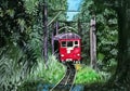 Gouache illustration of a summer landscape with a red train Royalty Free Stock Photo