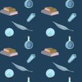 gouache magic seamless pattern with magic book and crystall Royalty Free Stock Photo