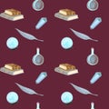gouache magic seamless pattern with magic book and crystall Royalty Free Stock Photo