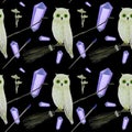 gouache magic seamless pattern with owl and crystall Royalty Free Stock Photo