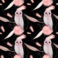 gouache magic seamless pattern with owl and crystall Royalty Free Stock Photo
