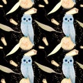 gouache magic seamless pattern with owl and crystall Royalty Free Stock Photo