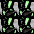 gouache magic seamless pattern with owl and crystall Royalty Free Stock Photo