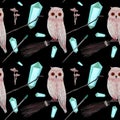 gouache magic seamless pattern with owl and crystall