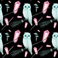 gouache magic seamless pattern with owl and crystall Royalty Free Stock Photo