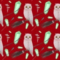 gouache magic seamless pattern with owl and crystall Royalty Free Stock Photo