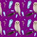 gouache magic seamless pattern with owl and crystall