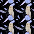 Gouache magic seamless pattern owl Royalty Free Stock Photo