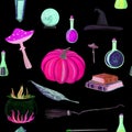 gouache magic seamless pattern with magic wand, elixir, books Royalty Free Stock Photo