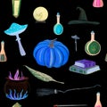 Gouache magic seamless pattern with magic wand, elixir, books Royalty Free Stock Photo
