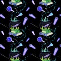 gouache magic seamless pattern with magic wand, elixir, books and crystall Royalty Free Stock Photo