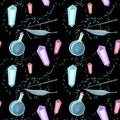gouache magic seamless pattern with magic wand, elixir and crystall Royalty Free Stock Photo