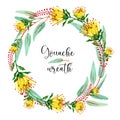 Gouache natural wreath with yellow flower, green leaves and red floral branches