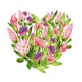 Gouache pink floral heart with pink Protea, pink Calla, green leaves and Fuchsia flowers