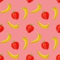 Gouache seamless pattern with fruits and berries bananas and strawberry on a pink background, vegetarian pattern for for