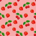 Gouache seamless pattern with fruits and berries cherry and strawberry on a pink background, vegetarian pattern for diet, healthy