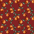 Gouache seamless pattern with oranges tangerines citrus fruits green leaves isolated on claret background. Fruit Royalty Free Stock Photo