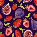 Gouache seamless pattern with strawberry and figs. Dark background. Clipart for art work and weddind design