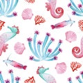 Gouache seamless pink and green undersea pattern with marine life. Hand-drawn clipart for art work and weddind design.