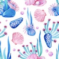 Gouache seamless undersea pattern with marine life and seashells
