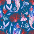 Gouache seamless wonderful undersea pattern with mermaid, coral and ocean inhabitants on a dark background