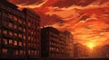 Gouache Sunset Wallpaper With Brooding City Buildings In Necronomicon Style