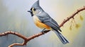Gouache Trompe-l\'oeil Painting: A Unique Tufted Titmouse In Shining Yellow